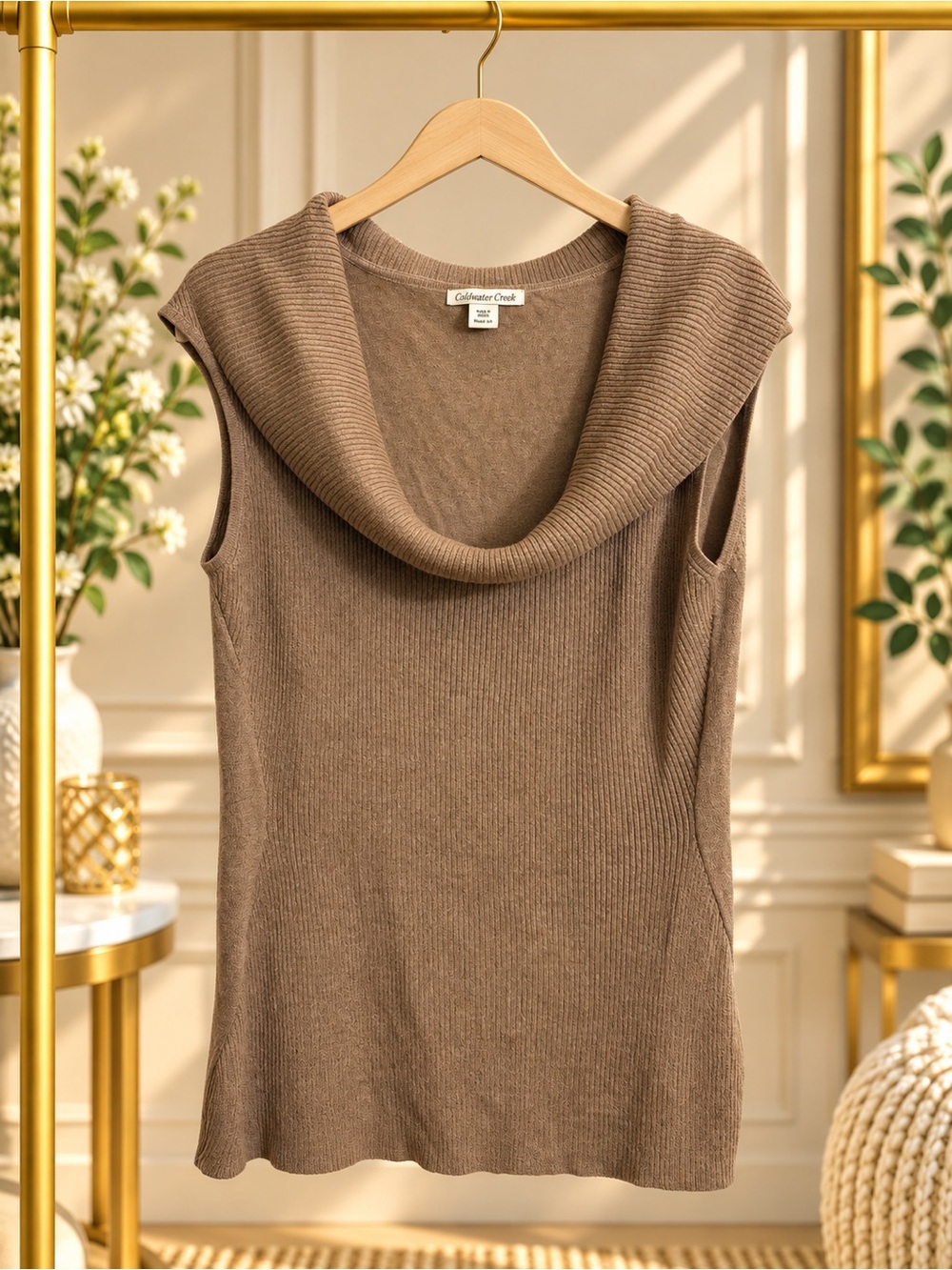 Coldwater Creek Silk Blend Sleeveless Cowl Neck Sweater Tunic Brown Medium